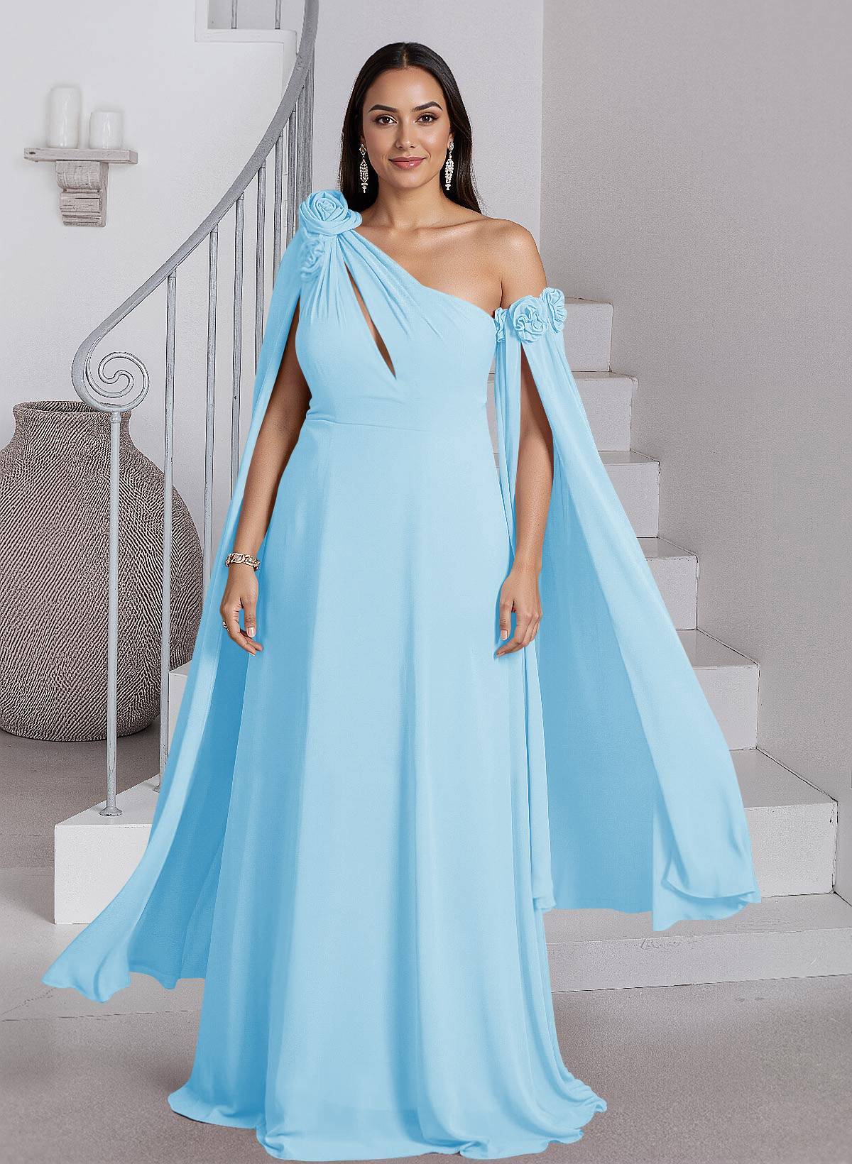 Dreamy A-Line Flower(s) One-Shoulder Cape Sleeves Chiffon Mother Of The Bride Dresses, product image 11
