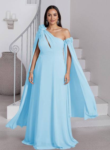 Dreamy A-Line Flower(s) One-Shoulder Cape Sleeves Chiffon Mother Of The Bride Dresses, product image 11