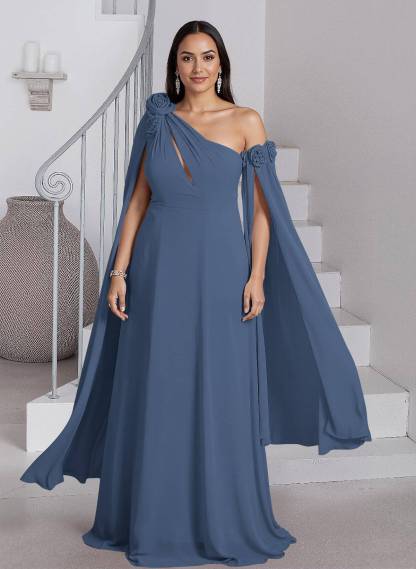 Dreamy A-Line Flower(s) One-Shoulder Cape Sleeves Chiffon Mother Of The Bride Dresses, product image 8
