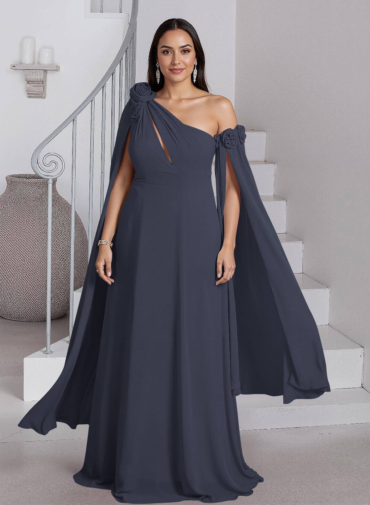 Dreamy A-Line Flower(s) One-Shoulder Cape Sleeves Chiffon Mother Of The Bride Dresses, product image 9