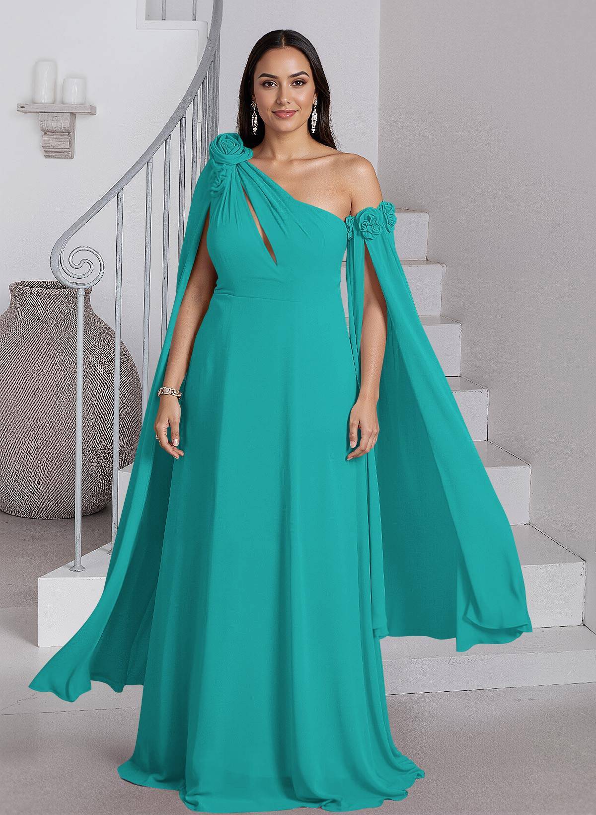 Dreamy A-Line Flower(s) One-Shoulder Cape Sleeves Chiffon Mother Of The Bride Dresses, product image 16