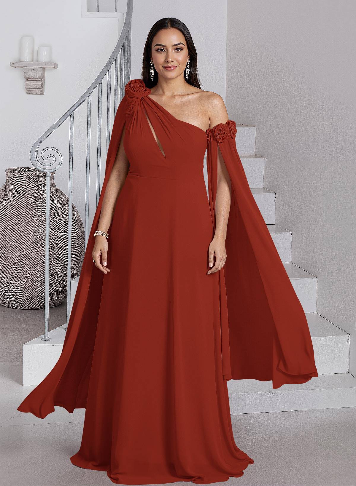 Dreamy A-Line Flower(s) One-Shoulder Cape Sleeves Chiffon Mother Of The Bride Dresses, product image 31