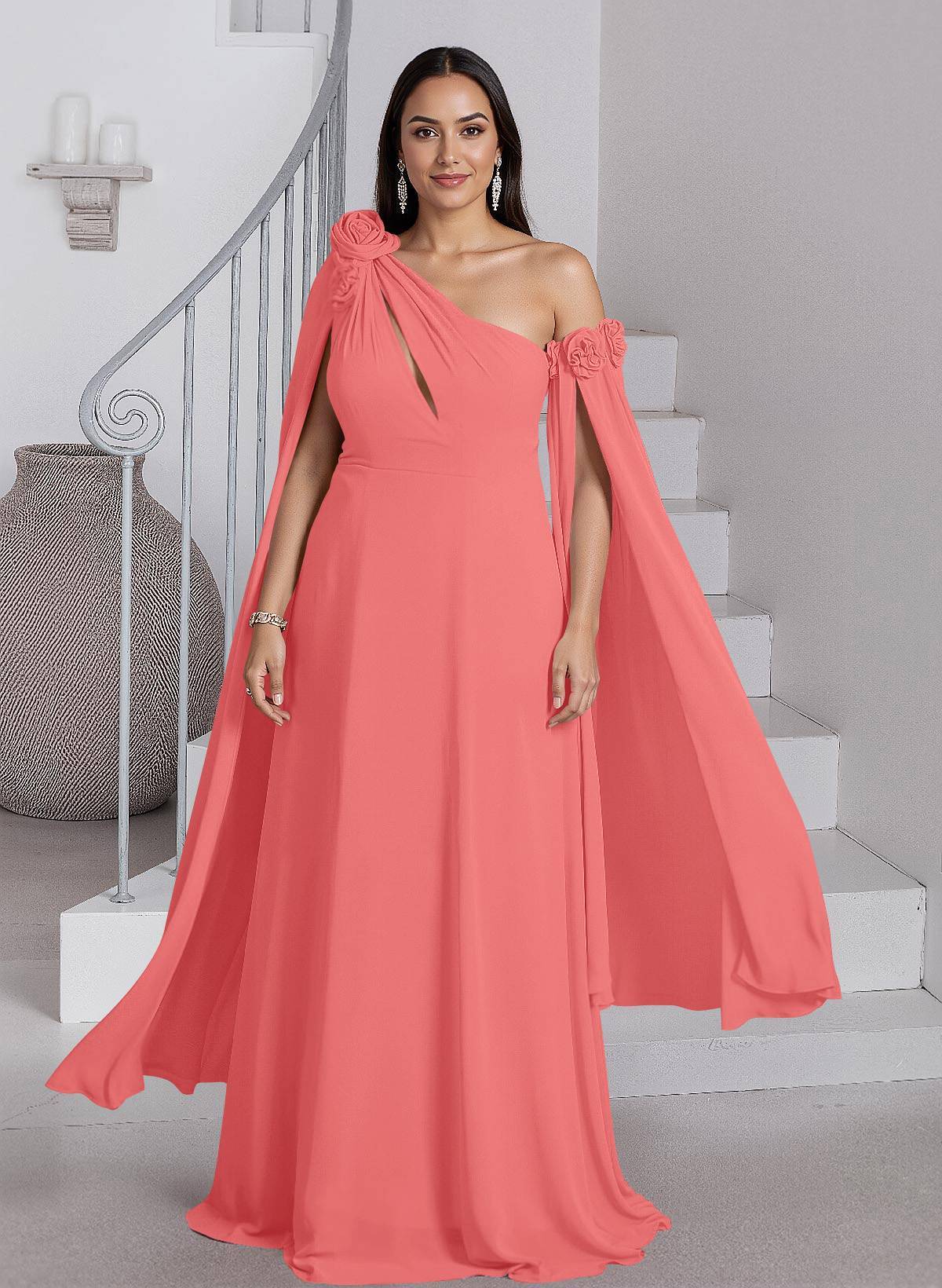 Dreamy A-Line Flower(s) One-Shoulder Cape Sleeves Chiffon Mother Of The Bride Dresses, product image 32