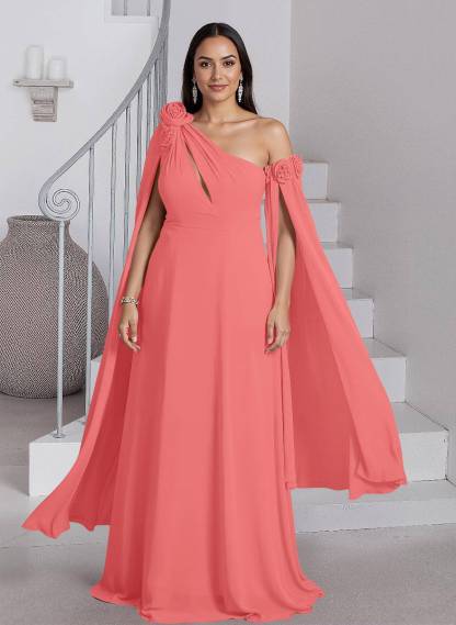 Dreamy A-Line Flower(s) One-Shoulder Cape Sleeves Chiffon Mother Of The Bride Dresses, product image 32