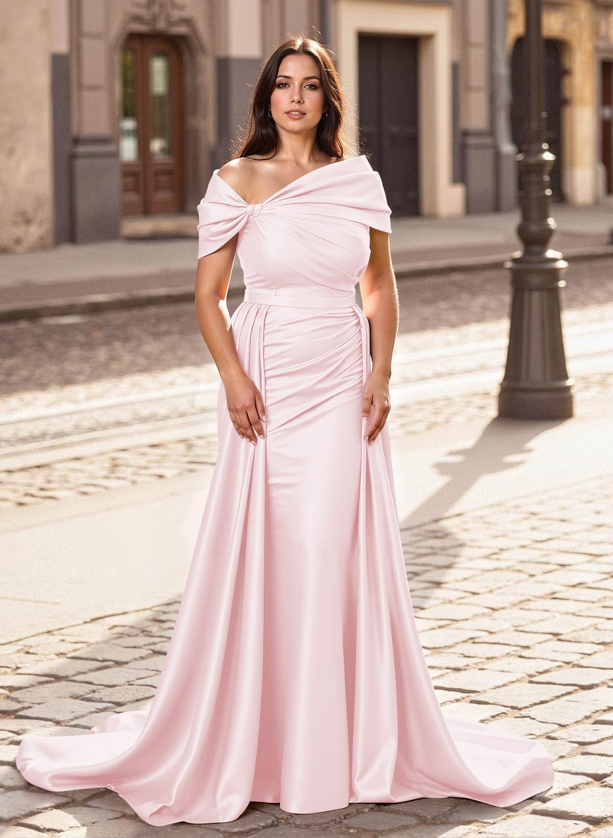 Trumpet/Mermaid Off-The-Shoulder Court Train Satin Mother Of The Bride Dresses With Overskirt Dress, product image 22