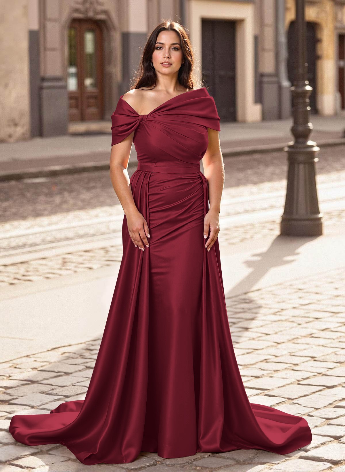 Trumpet/Mermaid Off-The-Shoulder Court Train Satin Mother Of The Bride Dresses With Overskirt Dress, product image 25