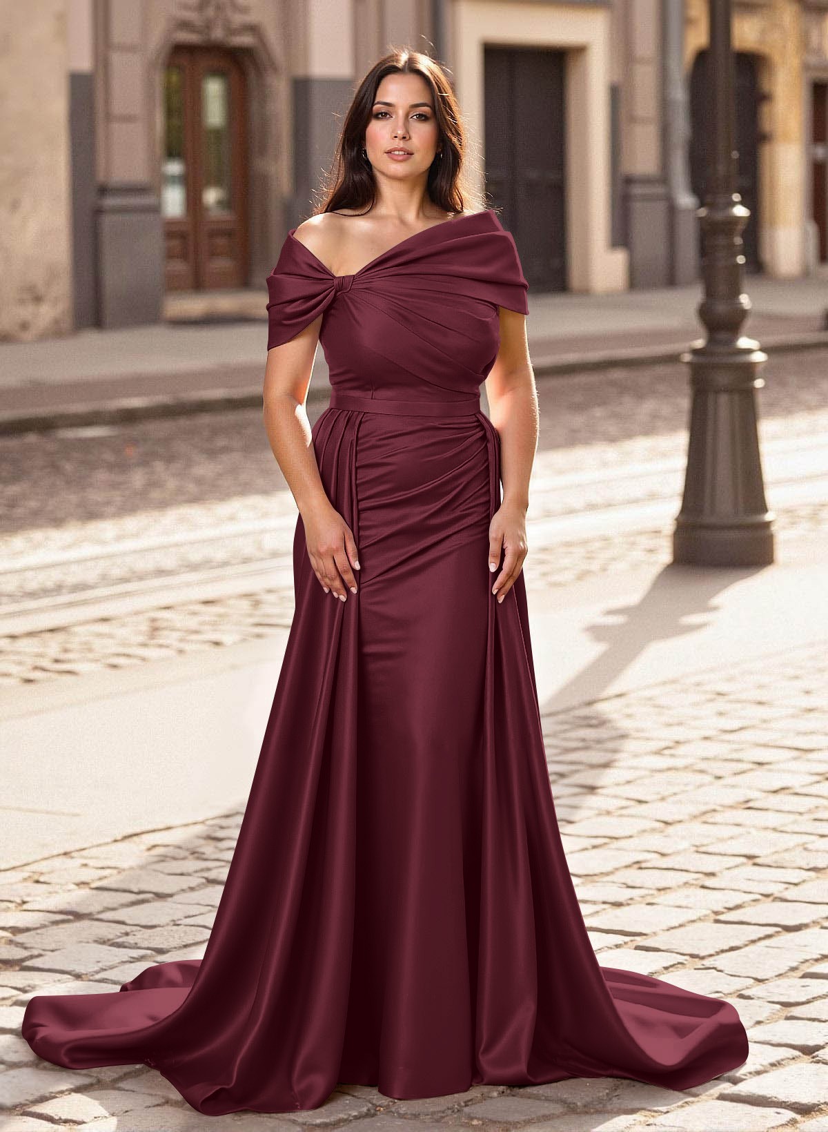Trumpet/Mermaid Off-The-Shoulder Court Train Satin Mother Of The Bride Dresses With Overskirt Dress, product image 26