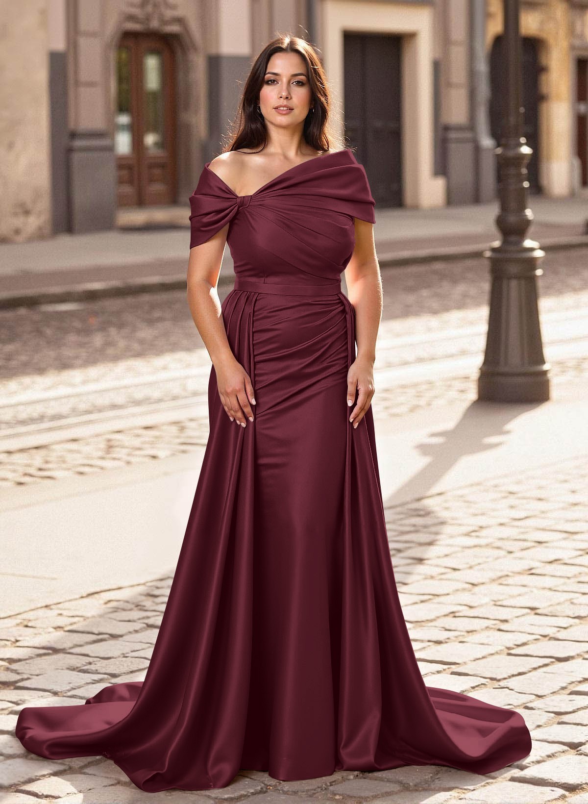 Trumpet/Mermaid Off-The-Shoulder Court Train Satin Mother Of The Bride Dresses With Overskirt Dress, product image 26