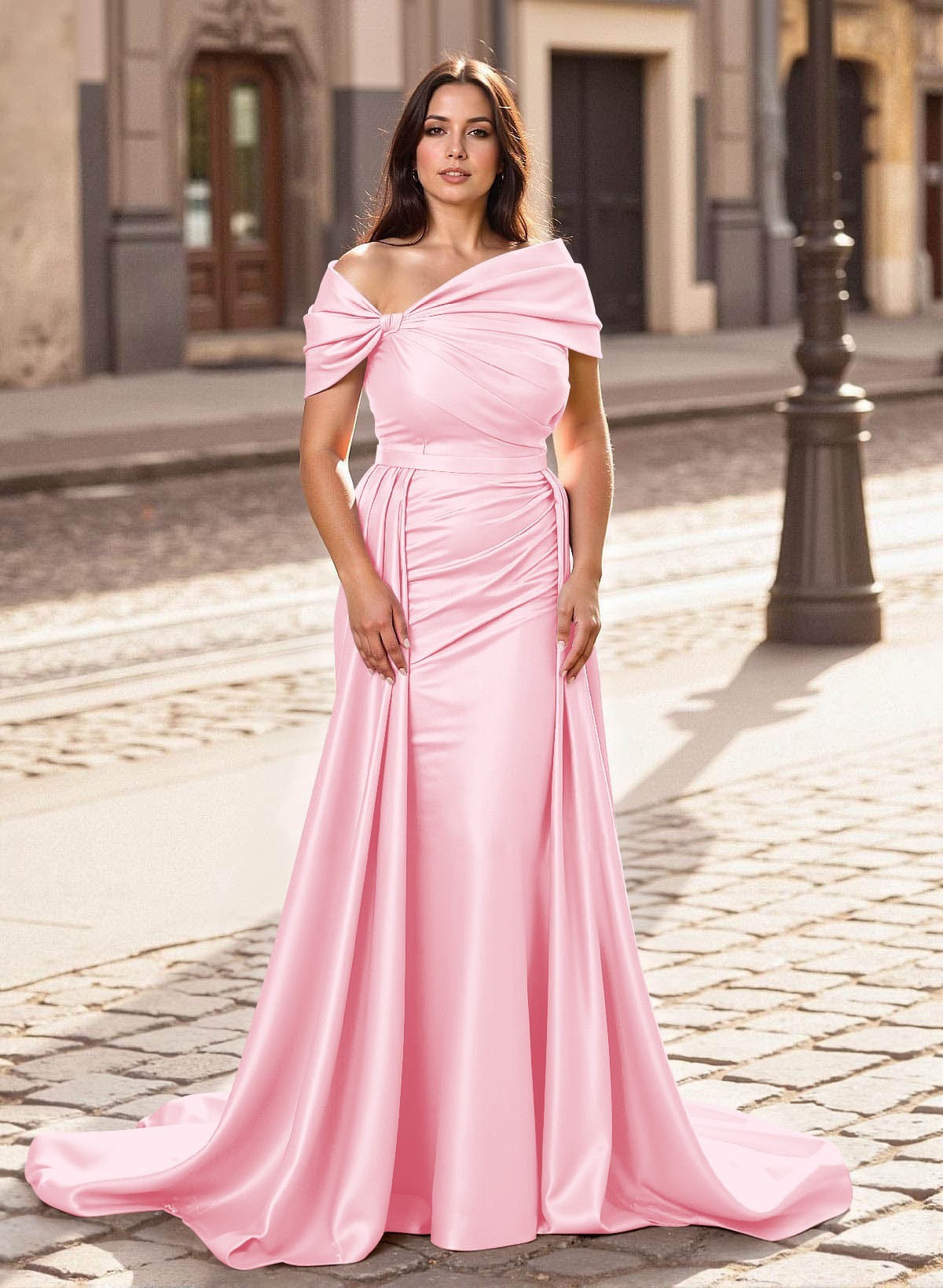 Trumpet/Mermaid Off-The-Shoulder Court Train Satin Mother Of The Bride Dresses With Overskirt Dress, product image 23