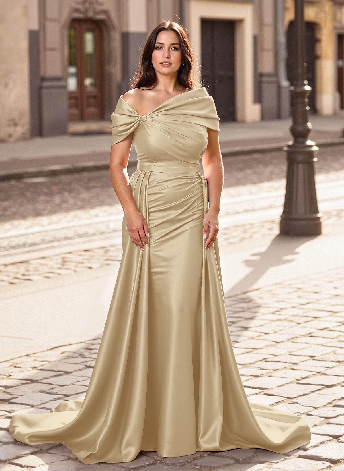 Trumpet/Mermaid Off-The-Shoulder Court Train Satin Mother Of The Bride Dresses With Overskirt Dress, product image 3