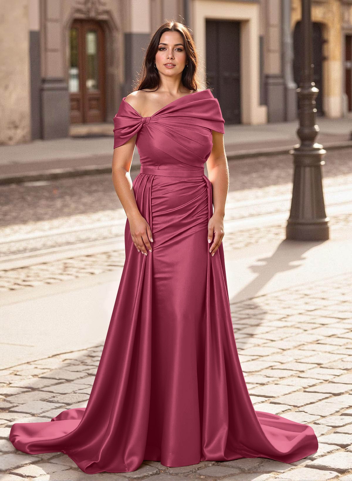 Trumpet/Mermaid Off-The-Shoulder Court Train Satin Mother Of The Bride Dresses With Overskirt Dress, product image 27