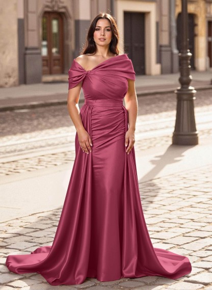 Trumpet/Mermaid Off-The-Shoulder Court Train Satin Mother Of The Bride Dresses With Overskirt Dress, product image 27