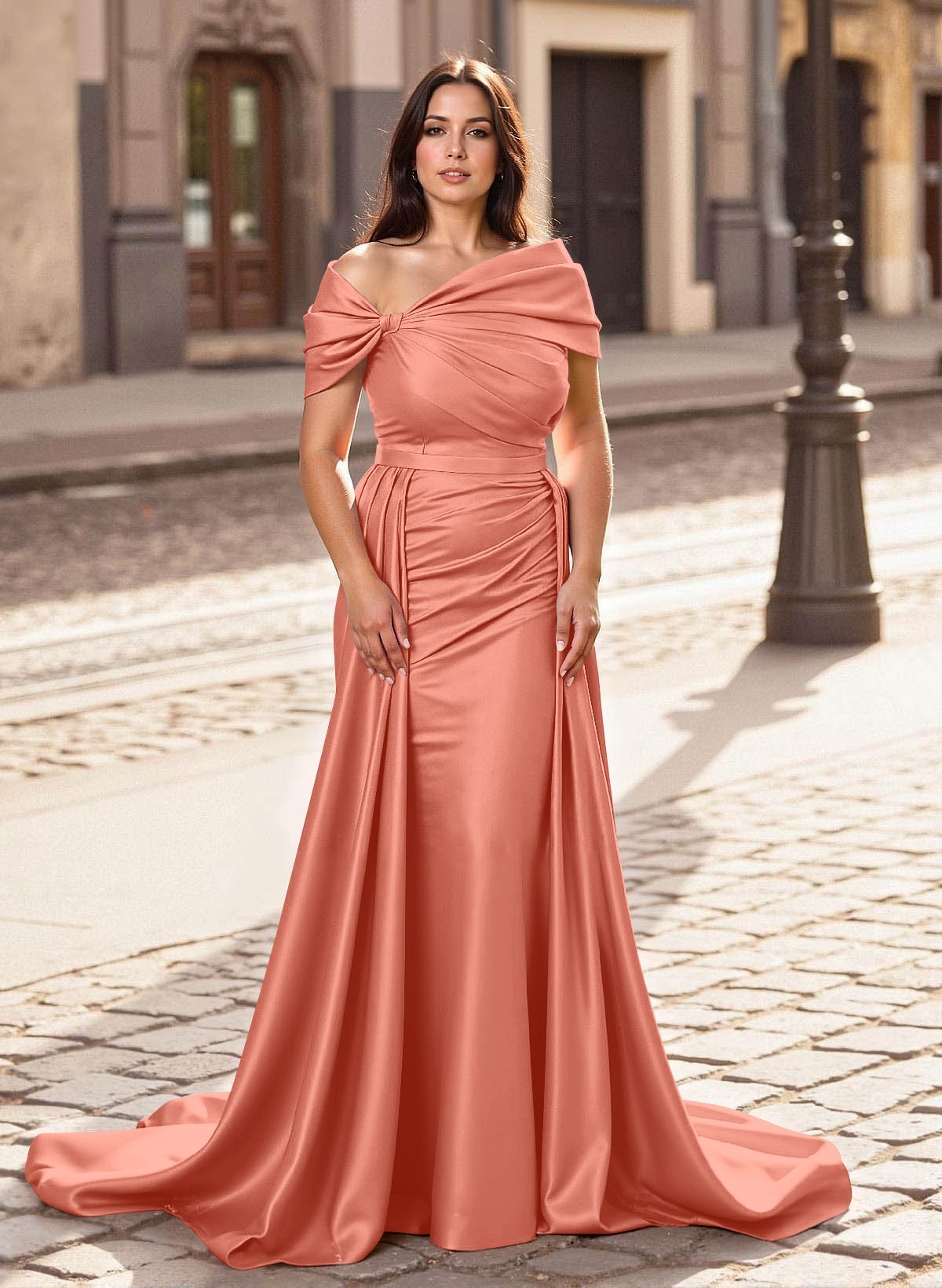 Trumpet/Mermaid Off-The-Shoulder Court Train Satin Mother Of The Bride Dresses With Overskirt Dress, product image 21