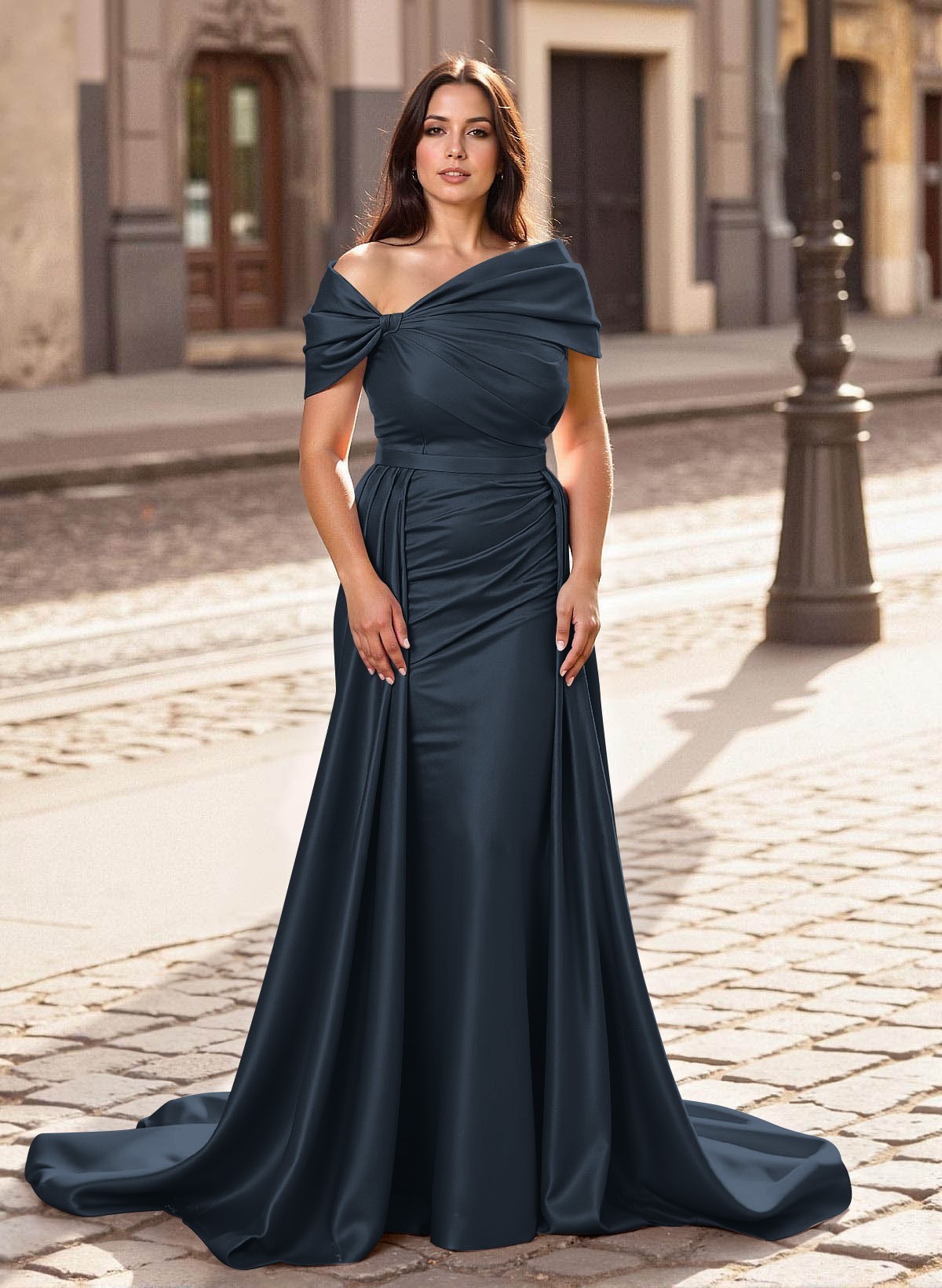 Trumpet/Mermaid Off-The-Shoulder Court Train Satin Mother Of The Bride Dresses With Overskirt Dress, product image 4