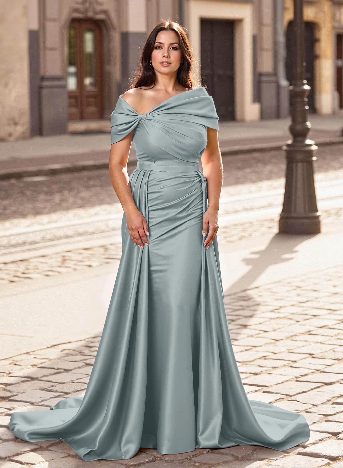Trumpet/Mermaid Off-The-Shoulder Court Train Satin Mother Of The Bride Dresses With Overskirt Dress, product image 9