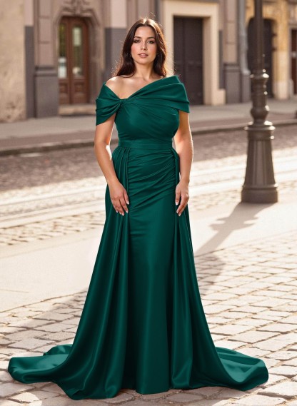 Trumpet/Mermaid Off-The-Shoulder Court Train Satin Mother Of The Bride Dresses With Overskirt Dress, product image 32