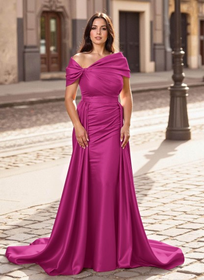 Trumpet/Mermaid Off-The-Shoulder Court Train Satin Mother Of The Bride Dresses With Overskirt Dress, product image 16