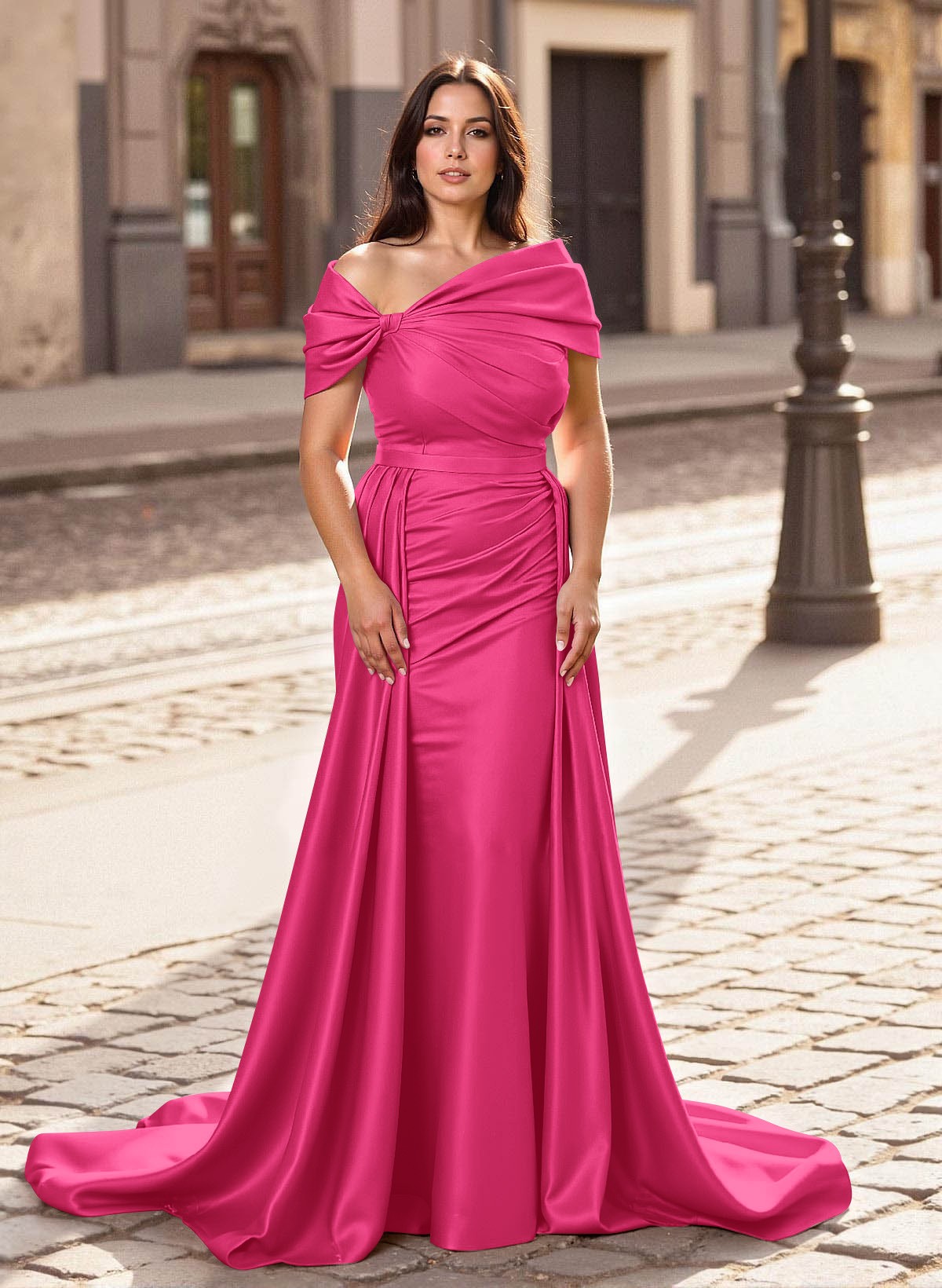 Trumpet/Mermaid Off-The-Shoulder Court Train Satin Mother Of The Bride Dresses With Overskirt Dress, product image 17