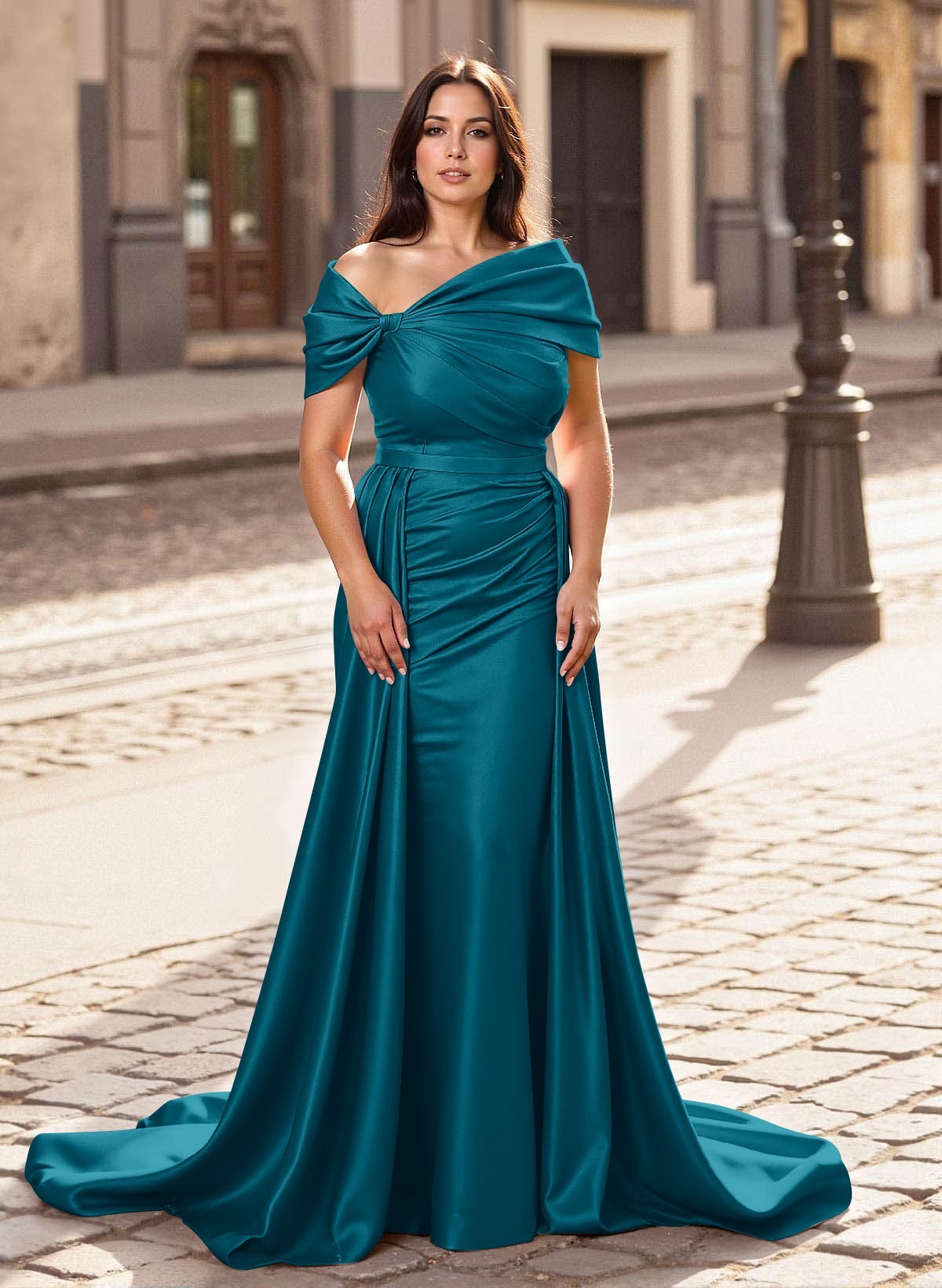 Trumpet/Mermaid Off-The-Shoulder Court Train Satin Mother Of The Bride Dresses With Overskirt Dress, product image 11