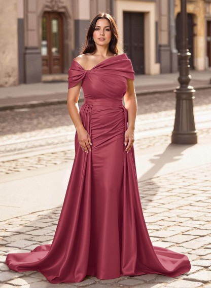Trumpet/Mermaid Off-The-Shoulder Court Train Satin Mother Of The Bride Dresses With Overskirt Dress, product image 28