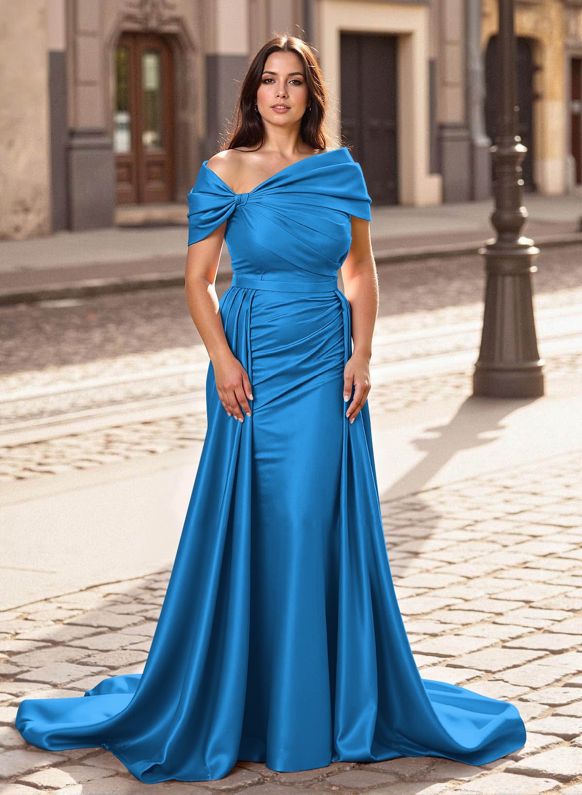 Trumpet/Mermaid Off-The-Shoulder Court Train Satin Mother Of The Bride Dresses With Overskirt Dress, product image 13