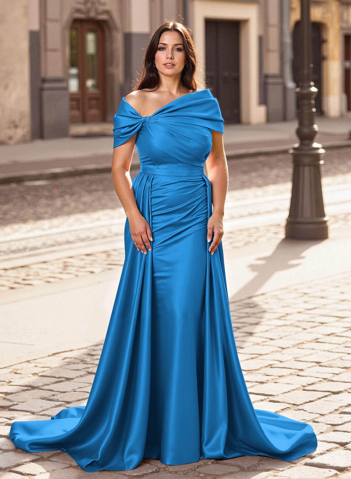 Trumpet/Mermaid Off-The-Shoulder Court Train Satin Mother Of The Bride Dresses With Overskirt Dress, product image 13