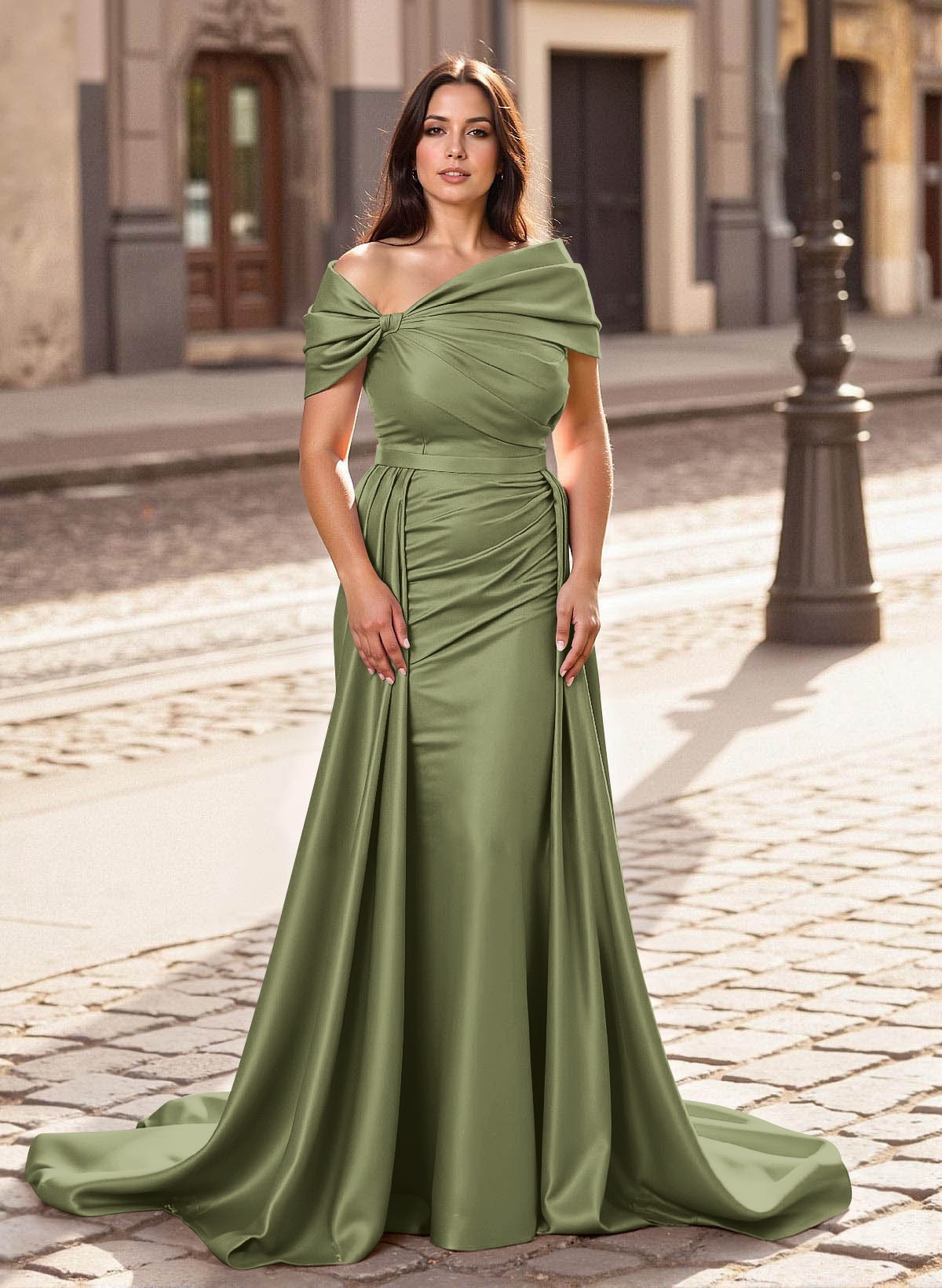 Trumpet/Mermaid Off-The-Shoulder Court Train Satin Mother Of The Bride Dresses With Overskirt Dress, product image 33