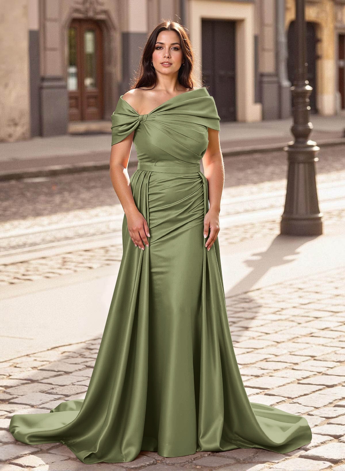 Trumpet/Mermaid Off-The-Shoulder Court Train Satin Mother Of The Bride Dresses With Overskirt Dress, product image 33