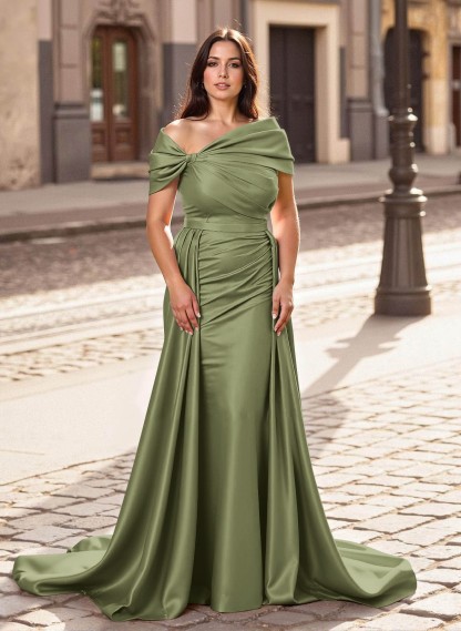 Trumpet/Mermaid Off-The-Shoulder Court Train Satin Mother Of The Bride Dresses With Overskirt Dress, product image 33