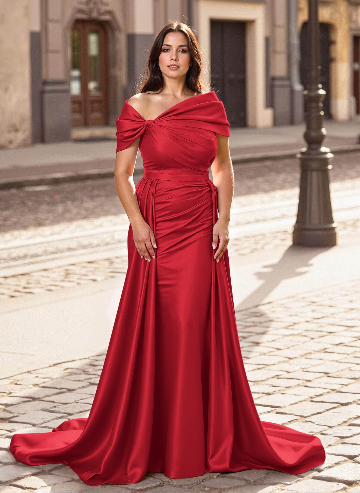 Trumpet/Mermaid Off-The-Shoulder Court Train Satin Mother Of The Bride Dresses With Overskirt Dress, product image 24