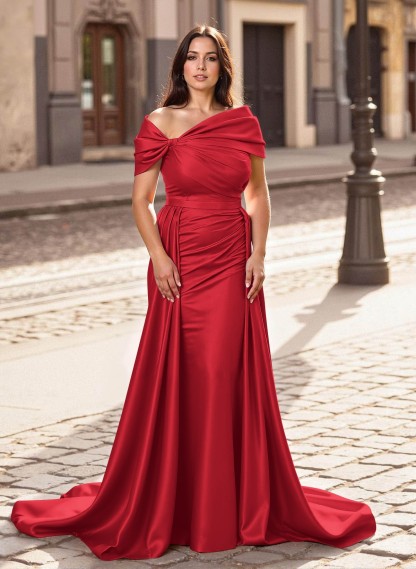 Trumpet/Mermaid Off-The-Shoulder Court Train Satin Mother Of The Bride Dresses With Overskirt Dress, product image 24