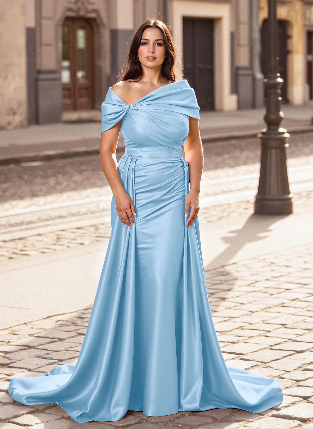Trumpet/Mermaid Off-The-Shoulder Court Train Satin Mother Of The Bride Dresses With Overskirt Dress, product image 10