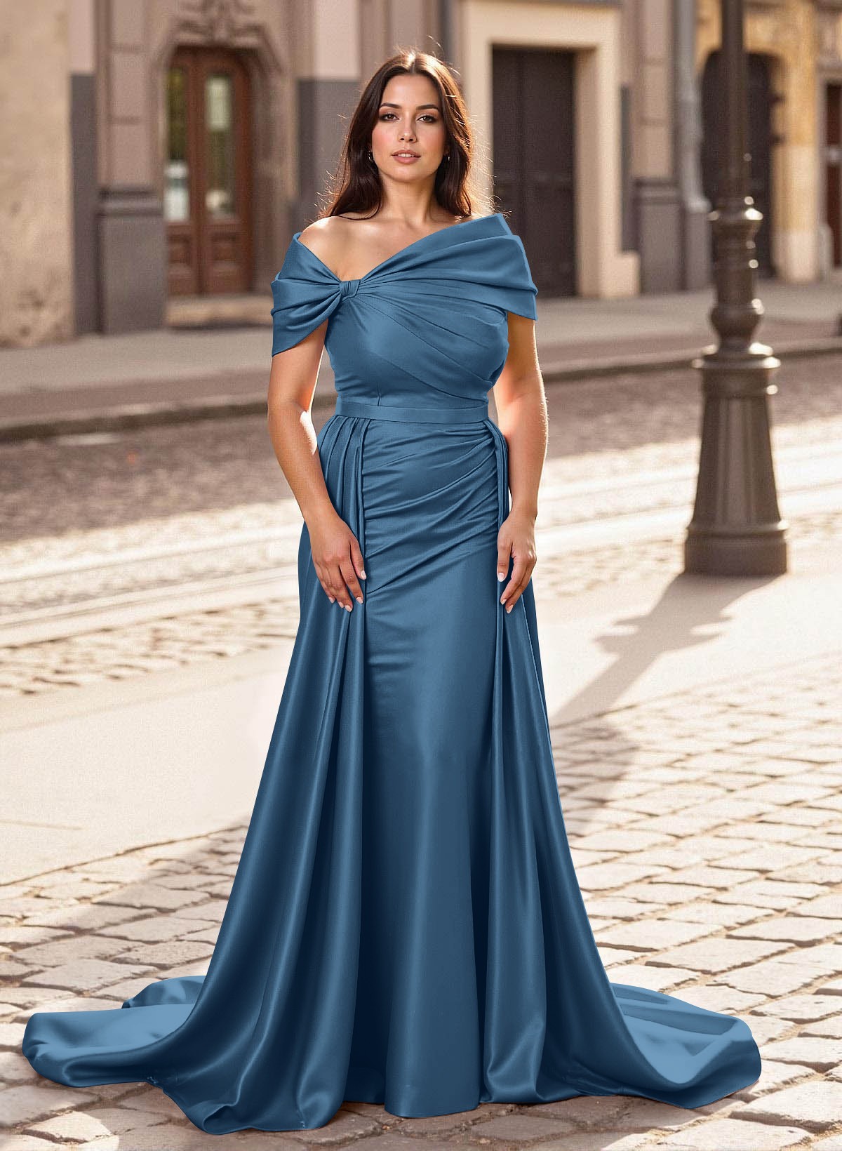 Trumpet/Mermaid Off-The-Shoulder Court Train Satin Mother Of The Bride Dresses With Overskirt Dress, product image 7