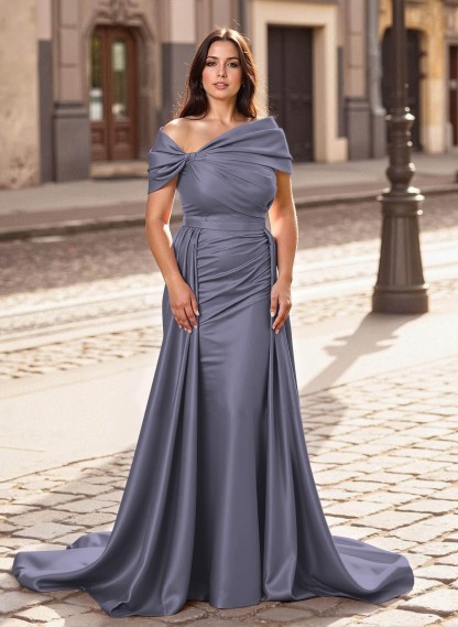 Trumpet/Mermaid Off-The-Shoulder Court Train Satin Mother Of The Bride Dresses With Overskirt Dress, product image 8
