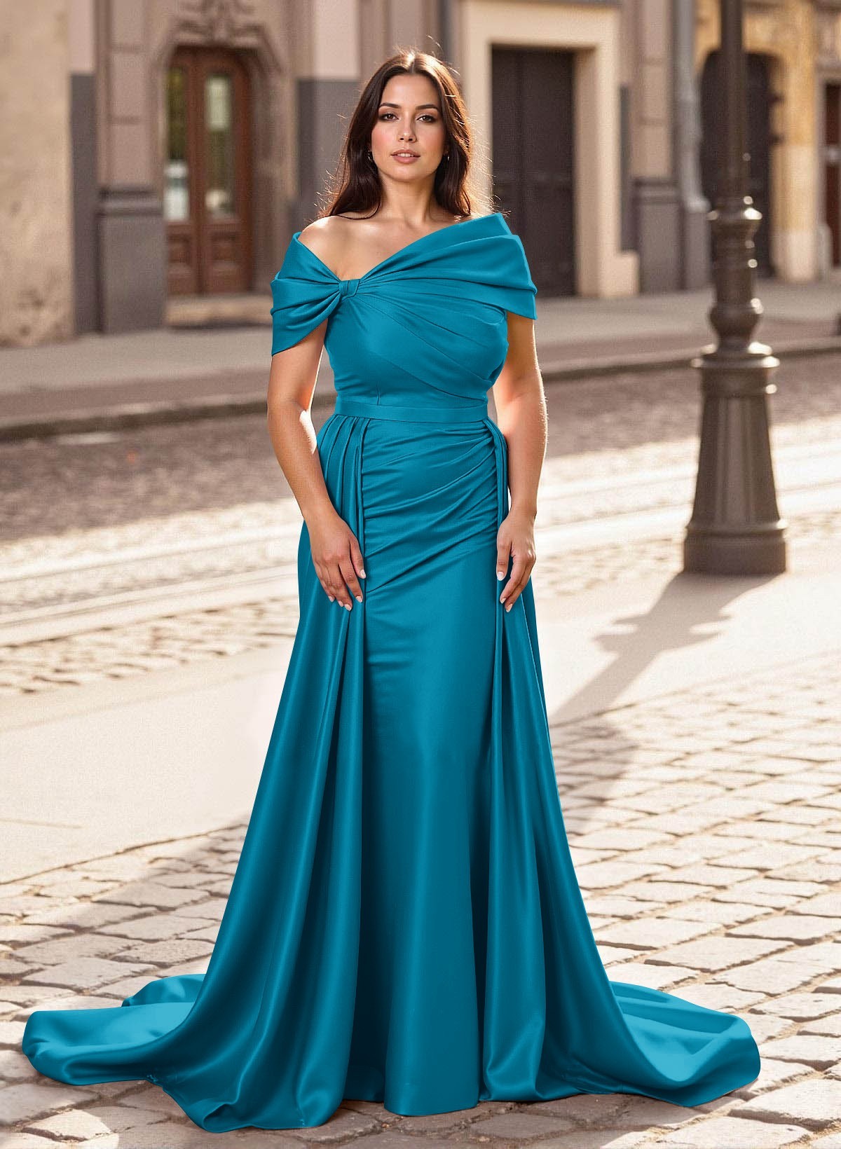 Trumpet/Mermaid Off-The-Shoulder Court Train Satin Mother Of The Bride Dresses With Overskirt Dress, product image 15