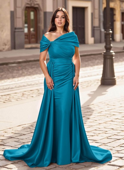 Trumpet/Mermaid Off-The-Shoulder Court Train Satin Mother Of The Bride Dresses With Overskirt Dress, product image 15
