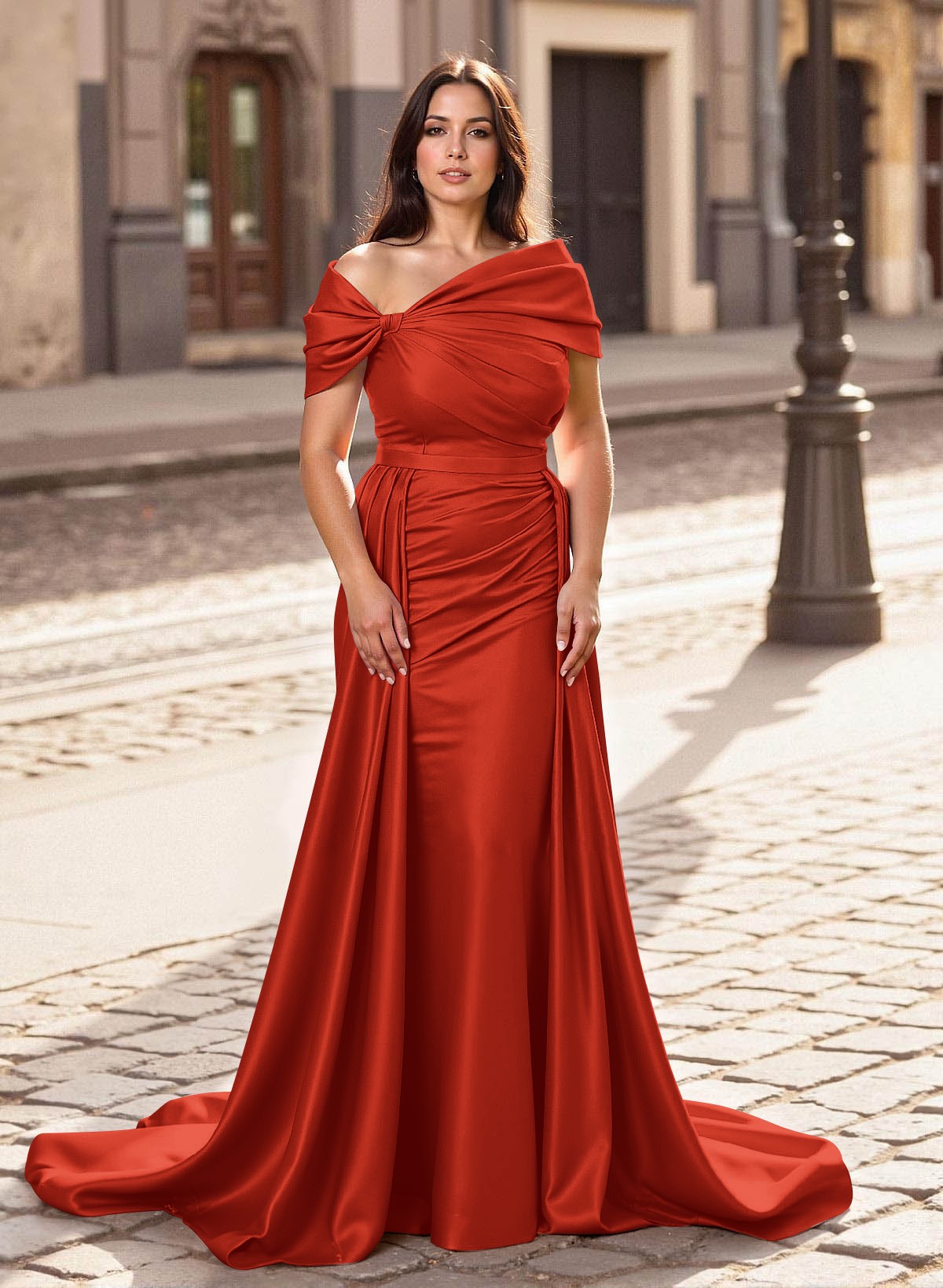 Trumpet/Mermaid Off-The-Shoulder Court Train Satin Mother Of The Bride Dresses With Overskirt Dress, product image 29