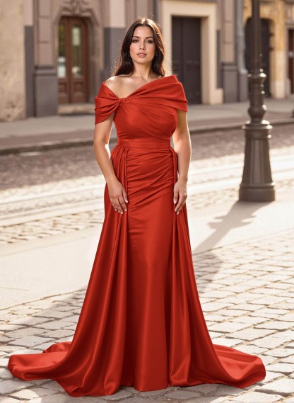 Trumpet/Mermaid Off-The-Shoulder Court Train Satin Mother Of The Bride Dresses With Overskirt Dress, product image 29