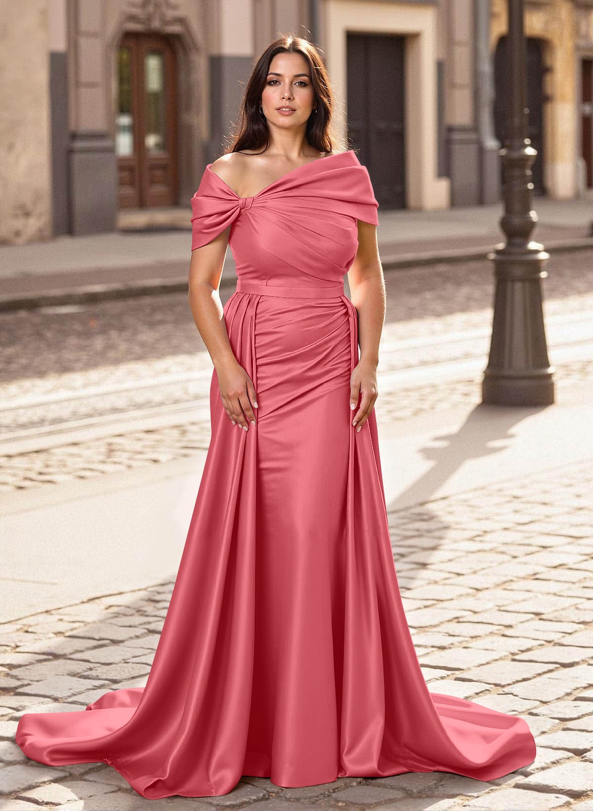 Trumpet/Mermaid Off-The-Shoulder Court Train Satin Mother Of The Bride Dresses With Overskirt Dress, product image 30