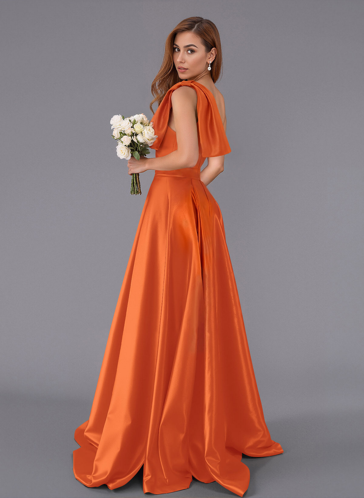 Classy Bow(s) One-Shoulder A-Line Sweep Train Satin Bridesmaid Dresses With Pockets, product image 2