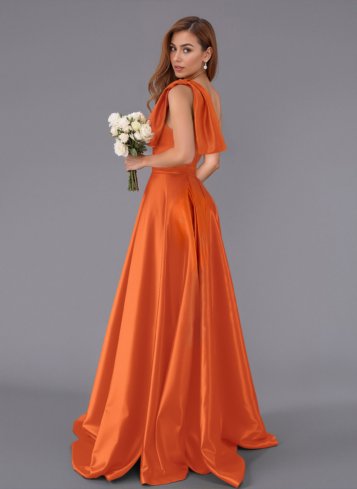 Classy Bow(s) One-Shoulder A-Line Sweep Train Satin Bridesmaid Dresses With Pockets, product image 2