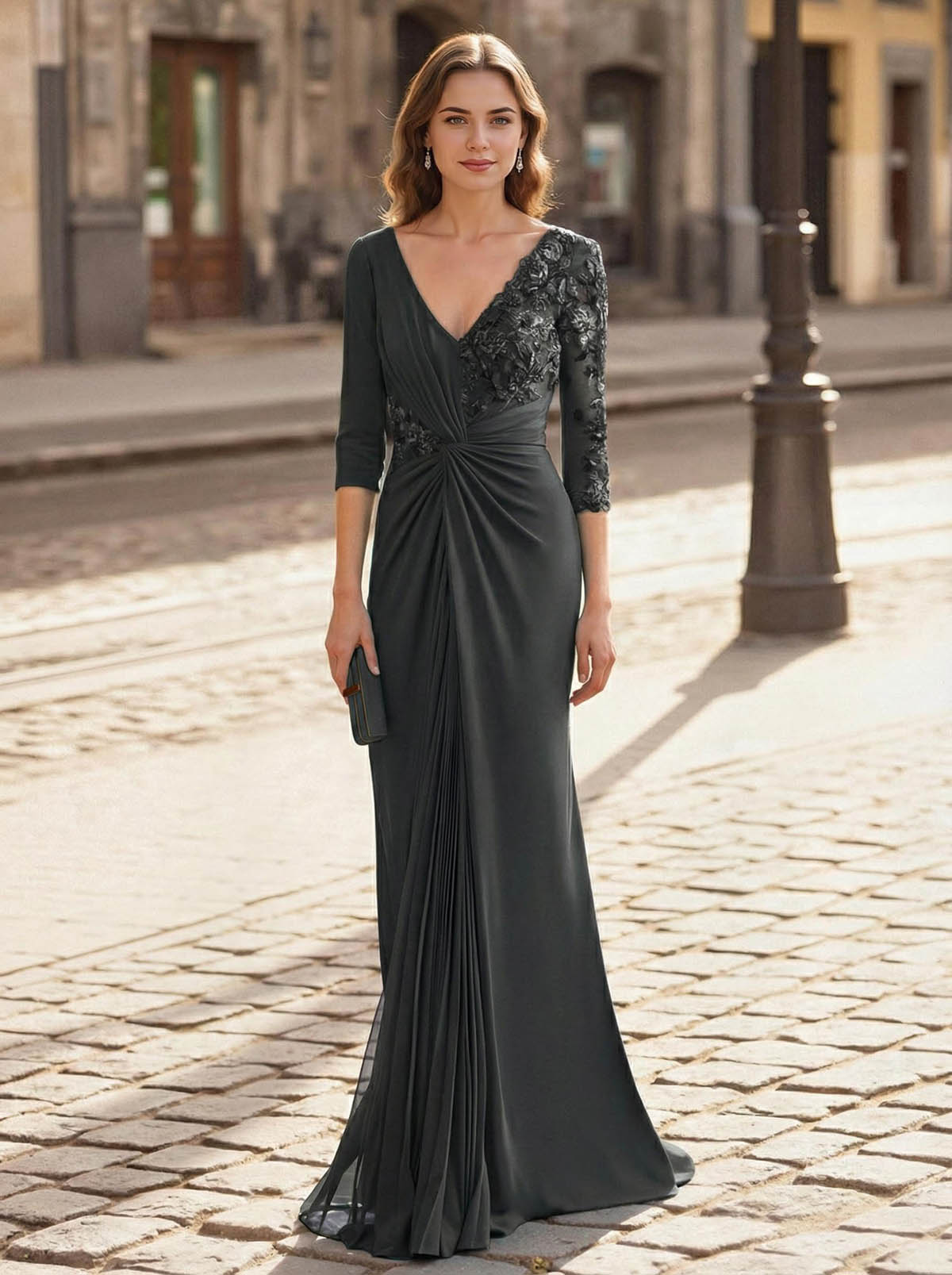 V-Neck Lace Long Sleeves Pleated Mermaid Floor-Length Chiffon/Jersey Mother Of The Bride Dresses