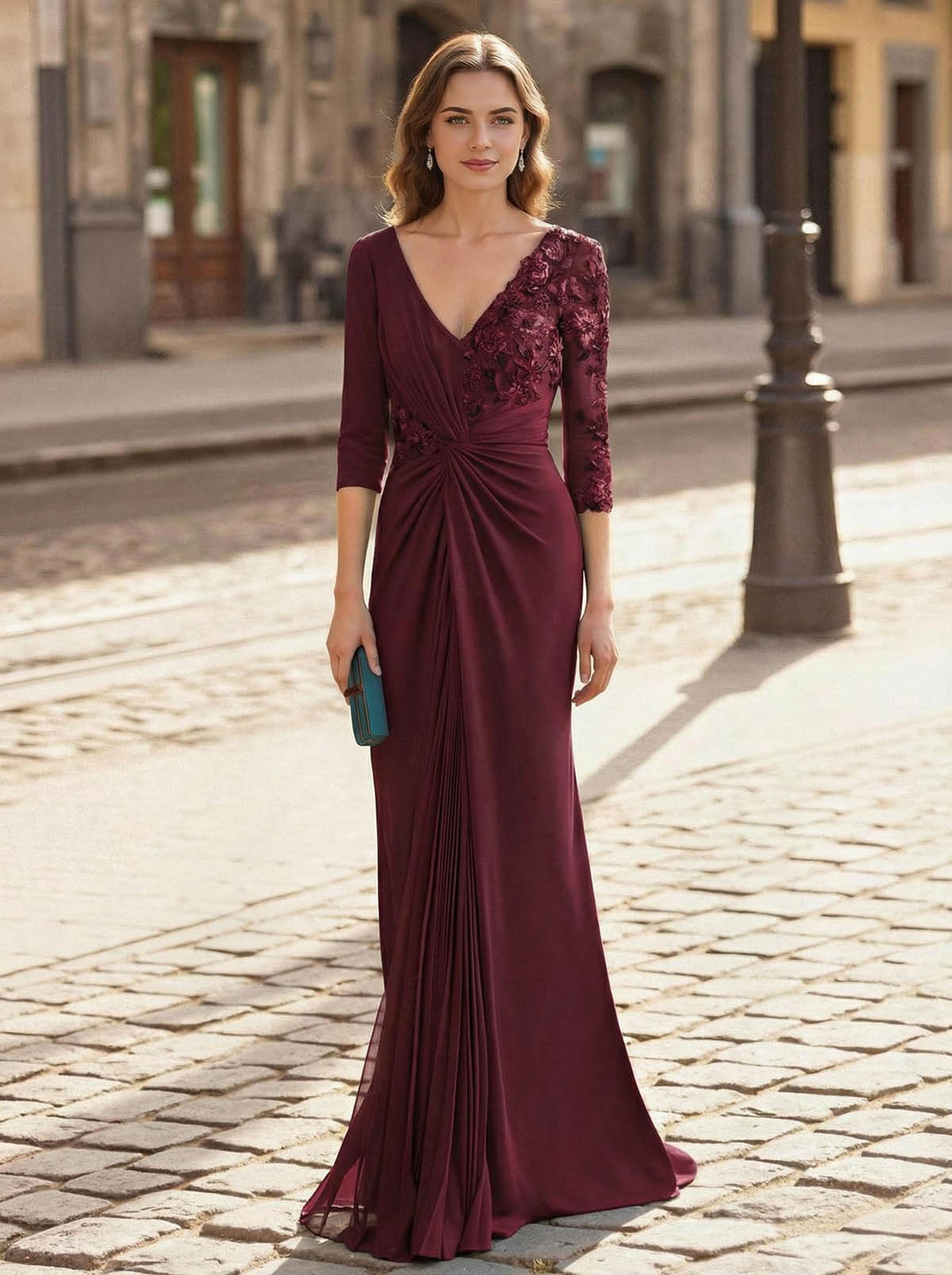 V-Neck Lace Long Sleeves Pleated Mermaid Floor-Length Chiffon/Jersey Mother Of The Bride Dresses