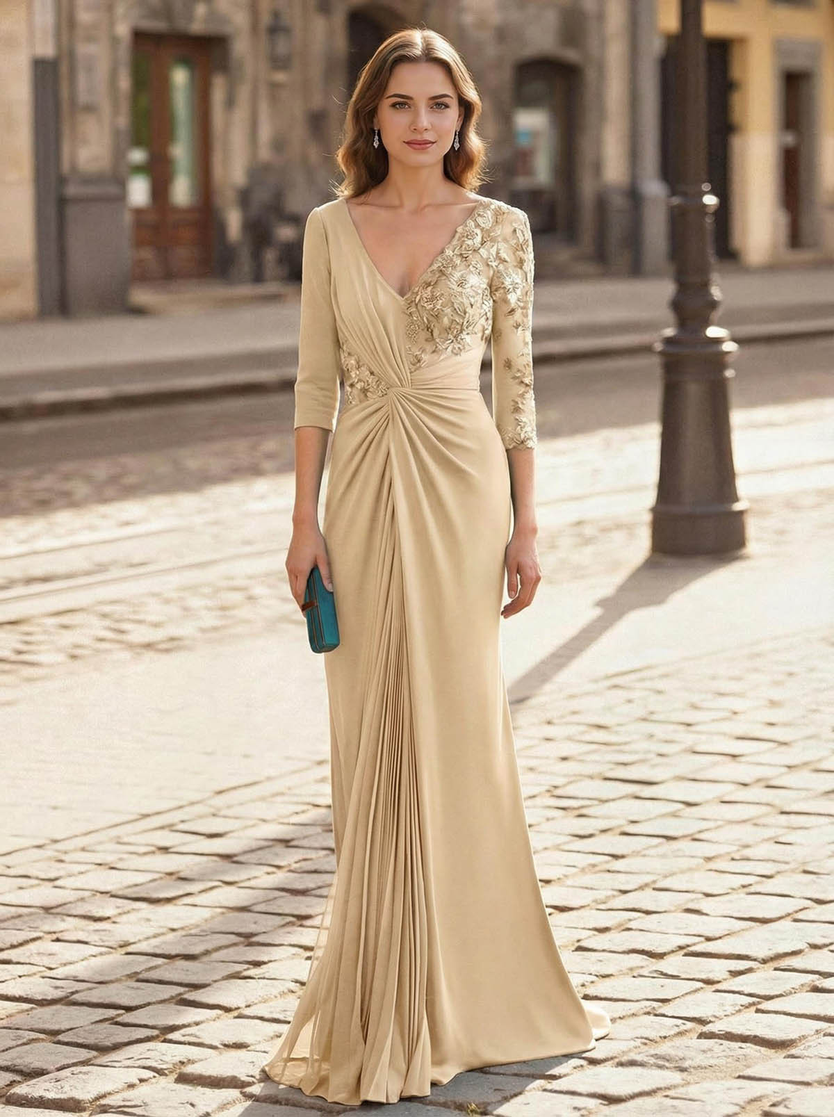 V-Neck Lace Long Sleeves Pleated Mermaid Floor-Length Chiffon/Jersey Mother Of The Bride Dresses