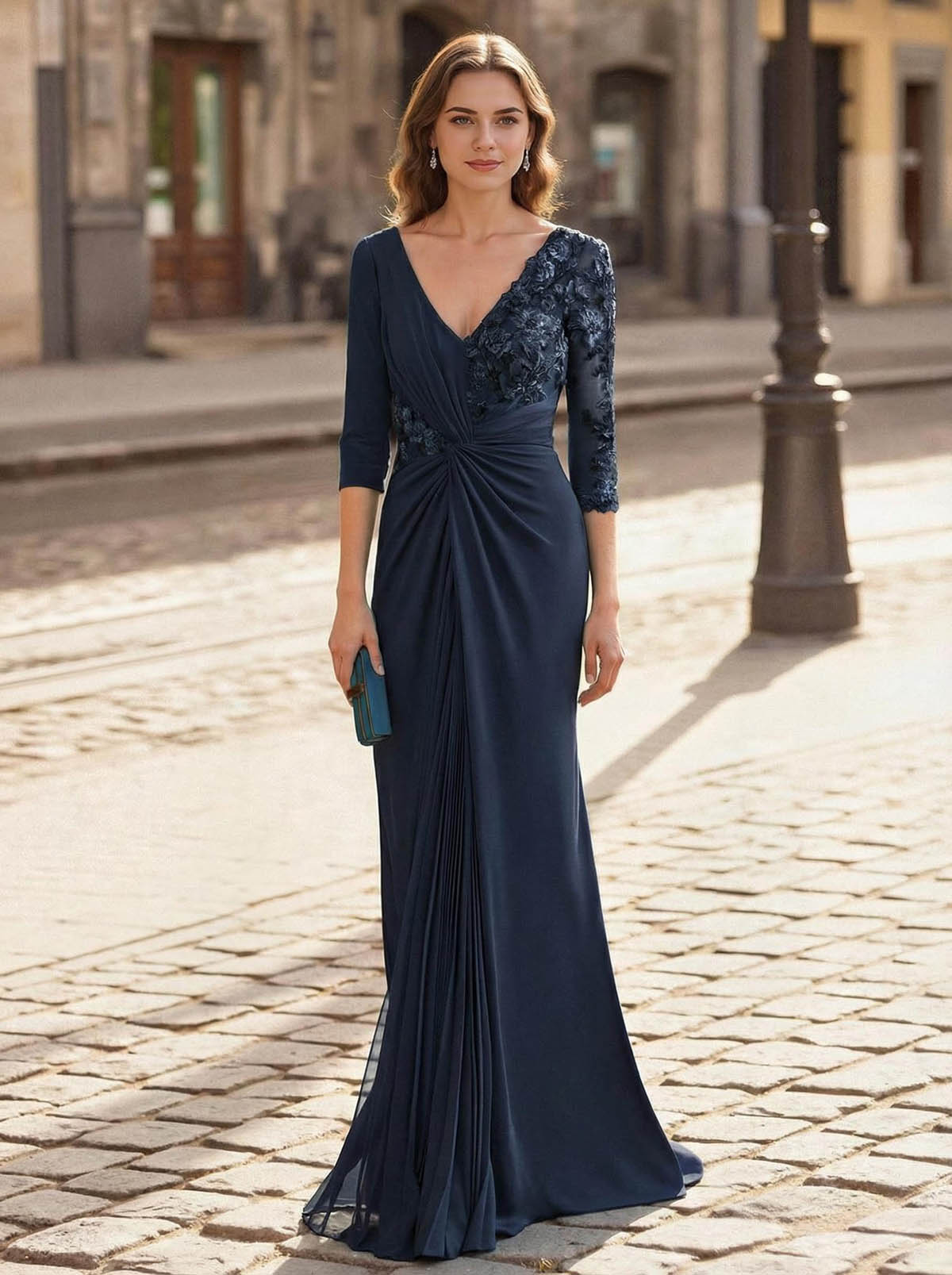 V-Neck Lace Long Sleeves Pleated Mermaid Floor-Length Chiffon/Jersey Mother Of The Bride Dresses