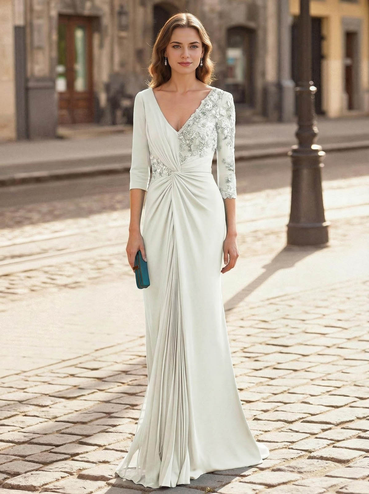 V-Neck Lace Long Sleeves Pleated Mermaid Floor-Length Chiffon/Jersey Mother Of The Bride Dresses