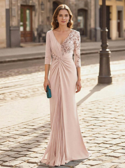 V-Neck Lace Long Sleeves Pleated Mermaid Floor-Length Chiffon/Jersey Mother Of The Bride Dresses