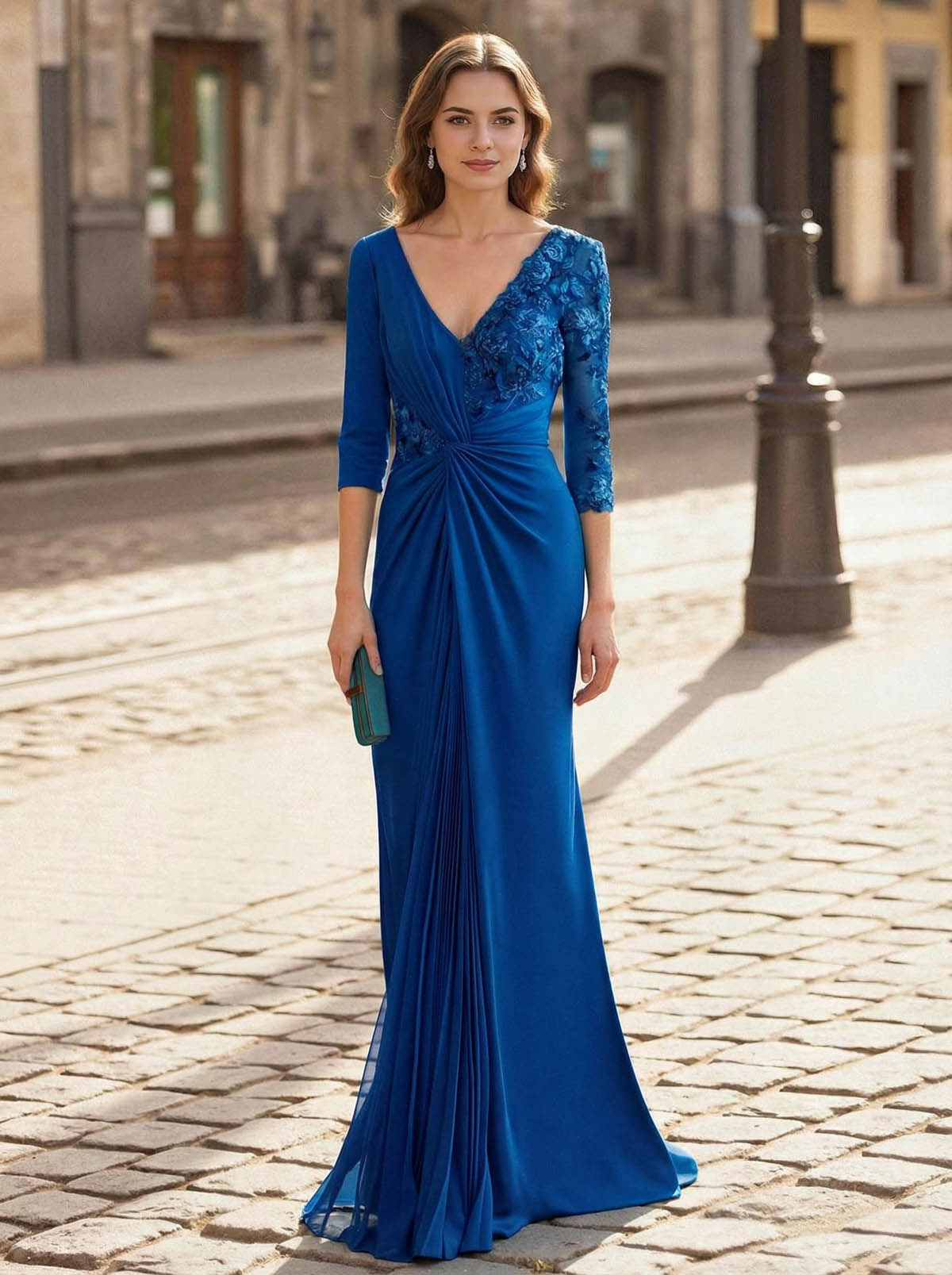 V-Neck Lace Long Sleeves Pleated Mermaid Floor-Length Chiffon/Jersey Mother Of The Bride Dresses