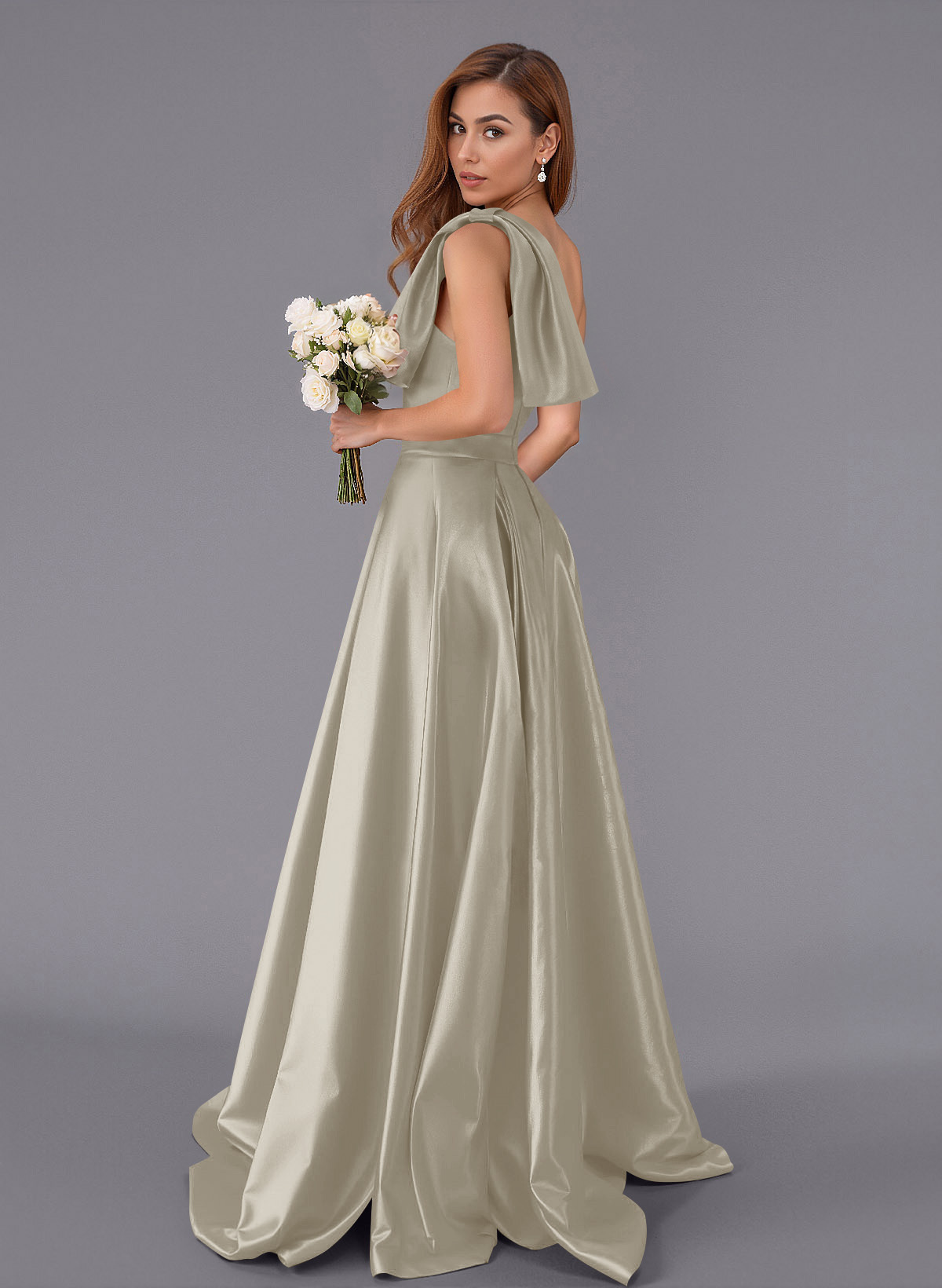 Classy Bow(s) One-Shoulder A-Line Sweep Train Satin Bridesmaid Dresses With Pockets, product image 17