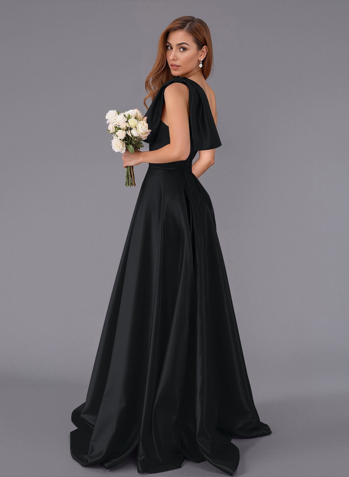 Classy Bow(s) One-Shoulder A-Line Sweep Train Satin Bridesmaid Dresses With Pockets, product image 25